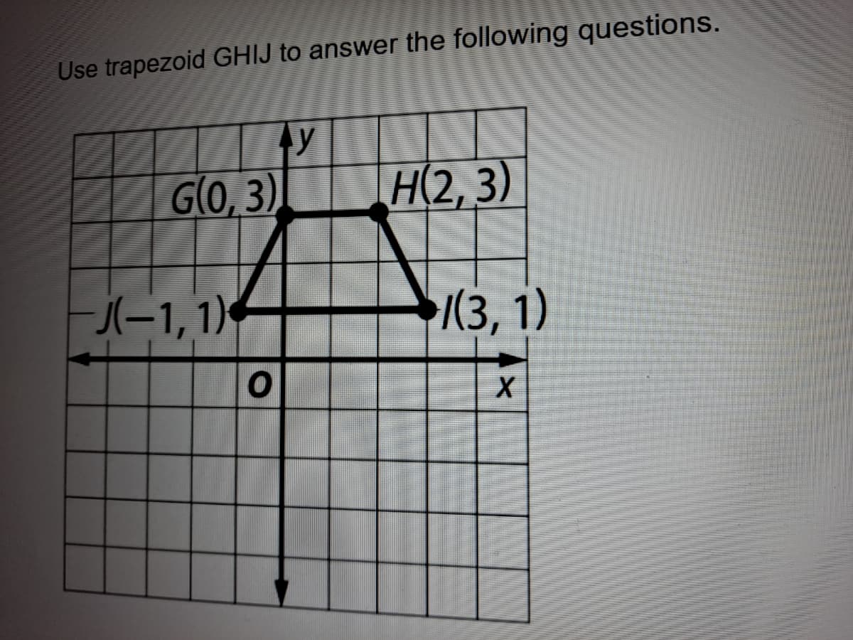 Use trapezoid GHIJ to answer the following questions.
y
G(O, 3)
H(2, 3)
j(-1, 1)
(3, 1)
