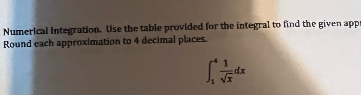 Numerical Integration. Use the table provided for the integral to find the given app
Round each approximation to 4 decimal places.
1/1/1dx