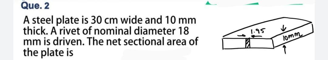 Que. 2
A steel plate is 30 cm wide and 10 mm
thick. A rivet of nominal diameter 18
mm is driven. The net sectional area of
the plate is
L
1.95
10mm