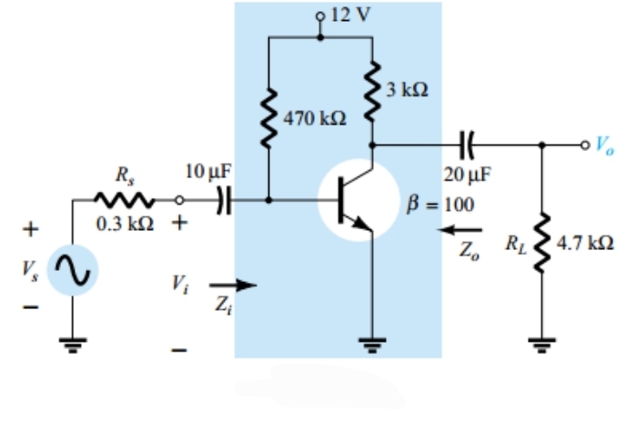 9 12 V
3 kN
' 470 k2
10 μF
20 µF
B = 100
R,
+
0.3 kΩ +
Z, RL
4.7 kQ
Z
