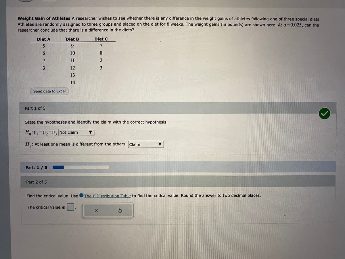Weight Gain of Athletes A researcher wishes to see whether there is any difference in the weight gains of athletes following one of three special diets.
Athletes are randomly assigned to three groups and placed on the diet for 6 weeks. The weight gains (in pounds) are shown here. At a=0.025, can the
researcher conclude that there is a difference in the diets?
Diet A
5
6
7
3
Send data to Excel
Part 1 of 5
Part: 1/5
Part 2 of 5
Diet B
9
10
11
State the hypotheses and identify the claim with the correct hypothesis.
Ho H₁ H₂ H3 Not claim
H₁: At least one mean is different from the others. Claim
12
13
14
The critical value is
Find the critical value. Use
Diet C
7
8
2.
3
The F Distribution Table to find the critical value. Round the answer to two decimal places.
X
S