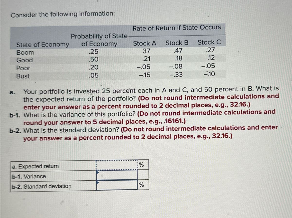 Consider the following information:
Rate of Return if State Occurs
Probability of State
State of Economy
of Economy
Stock A
Stock B
Stock C
Boom
.25
.37
.47
.27
Good
.50
.21
.18
.12
Poor
.20
-.05
-.08
-.05
Bust
.05
-15
-.33
-10
a.
Your portfolio is invested 25 percent each in A and C, and 50 percent in B. What is
the expected return of the portfolio? (Do not round intermediate calculations and
enter your answer as a percent rounded to 2 decimal places, e.g., 32.16.)
b-1. What is the variance of this portfolio? (Do not round intermediate calculations and
round your answer to 5 decimal places, e.g., .16161.).
b-2. What is the standard deviation? (Do not round intermediate calculations and enter
your answer as a percent rounded to 2 decimal places, e.g., 32.16.)
a. Expected return
b-1. Variance
b-2. Standard deviation
%
%