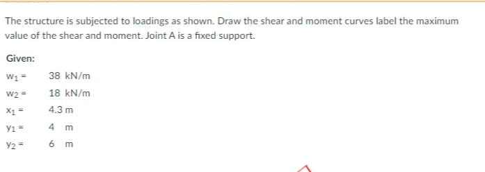 The structure is subjected to loadings as shown. Draw the shear and moment curves label the maximum
value of the shear and moment. Joint A is a fixed support.
Given:
W1 =
38 kN/m
w2 =
18 kN/m
X1=
4.3 m
Y1 =
4 m
Y2 =
6 m
