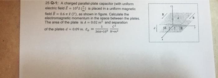 25 Q-1: A charged parallel-plate capacitor (with uniform
electric field E= 10³2 ) is placed in a uniform magnetic
field = 0.6 π & (7), as shown in figure. Calculate the
electromagnetic momentum in the space between the plates.
The area of the plate is A = 0.02 m² and separation
1
of the plates d = 0.09 m. Eo =
C²
36m 109 Nm²