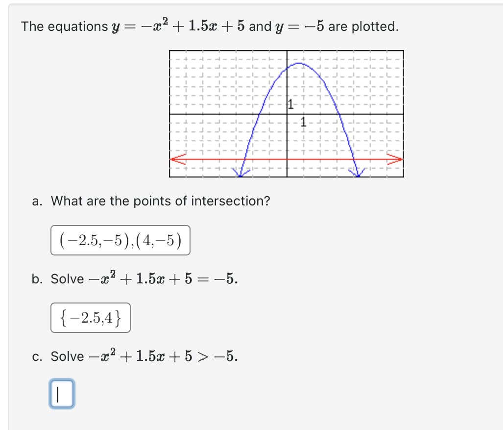 The equations y=−x² +1.5x + 5 and y = −5 are plotted.
A
a. What are the points of intersection?
(-2.5,-5),(4,-5)
b. Solve −*+1.52+5=−5.
{-2.5,4}
c. Solve -² +1.5x + 5 > −5.
-X
I