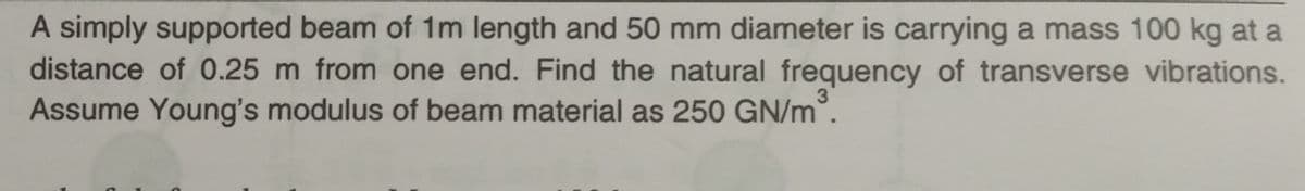 A simply supported beam of 1m length and 50 mm diameter is carrying a mass 100 kg at a
distance of 0.25 m from one end. Find the natural frequency of transverse vibrations.
Assume Young's modulus of beam material as 250 GN/m.
