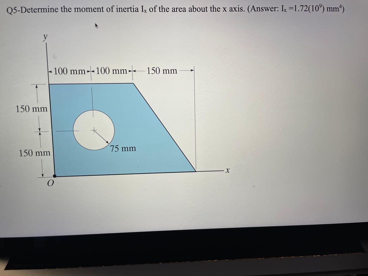 Q5-Determine the moment of inertia Ix of the area about the x axis. (Answer: Ix =1.72(10°) mm“)
y
100 mm--100 mm--
150mm
150mm
75 mm
150 mm
