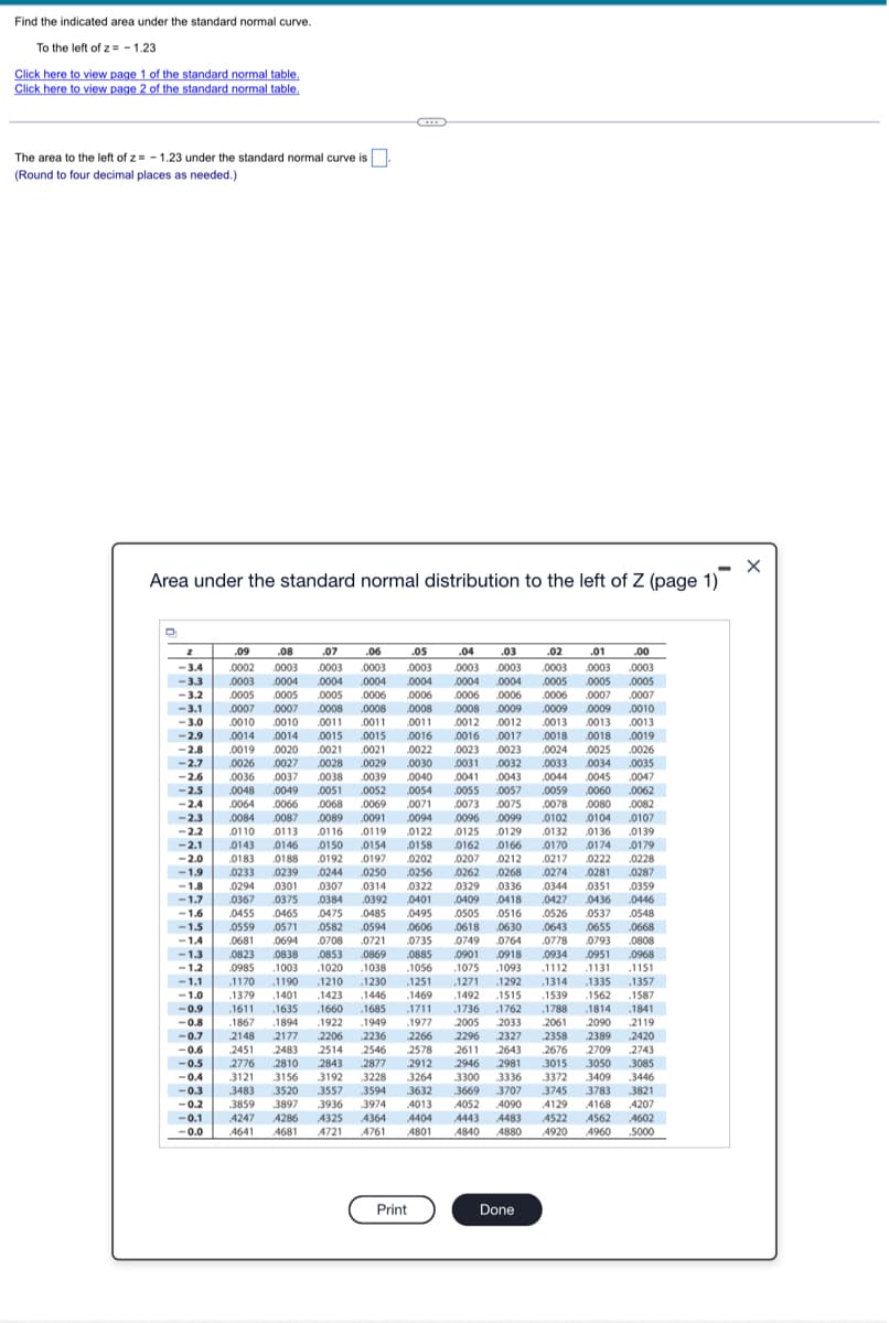 Find the indicated area under the standard normal curve.
To the left of z= -1.23
Click here to view page 1 of the standard normal table.
Click here to view page 2 of the standard normal table.
The area to the left of z= -1.23 under the standard normal curve is.
(Round to four decimal places as needed.)
-
Area under the standard normal distribution to the left of Z (page 1)
D
2
.01
.00
.09 .08 .07
0002 .0003 .0003
.04 .03
.0003 .0003
.02
.0003 .0003
.0003
.0005
.06
-3.4
0003
-3.3
0003 0004 0004 0004
-3.2 0005 0005
0007 .0007
0010 .0010
.0004 .0004
0006 0006
0005 .0006
0008 .0008
0008 .0009
.0005 0005
.0006 .0007 .0007
.0009 .0009 .0010
0013
0018 0018 .0019
.0024 0025 ,0026
.0011 .0011
-3.1
-3.0
-2.9 0014 .0014
-2.8 .0019 0020
0013 .0013
.0015 .0015
0021 .0021
-2.1
.0170 0174
-2.0
.05
.0003
.0004
0006
.0008
0011 0012 .0012
.0016 0016 .0017
0022 0023 .0023
-2.7 .0026 0027 0028 .0029 .0030 .0031 .0032 .0033 0034 .0035
-2.6 0036 .0037 0038 .0039 .0040
0041 .0043 .0044 0045 .0047
-2.5 .0048 .0049 0051 .0052 .0054 .0055 .0057 .0059 0060
.0062
-2.4 .0064 .0066 .0068 .0069 .0071 .0073 .0075 .0078 .0080 .0082
-2.3 0084 .0087 0089 .0091 .0094 .0096 .0099 0102 0104
-2.2 0110 .0113 .0116 0119 0122 0125 0129 0132 .0136
0143 0146 0150 0154 .0158 0162 .0166
0183 0188 0192 .0197 0202 0207 0212
-1.9 0233 0239 0244 .0250 0256
0262 0268
-1.8 0294 0301 0307 0314 0322 0329 0336
-1.7 .0367 .0375 0384 .0392 0401 0409 0418
-1.6 0455 .0465 0475 .0485 0495 0505 .0516
-1.5 .0559 0571 0582 0594 0606
-1.4 0681 .0694 0708 0721 0735
-1.3 0823 0838 0853 .0869 0885
-1.2 0985 .1003 .1020 .1038 .1056
-1.1 1170 1190 1210 1230 1251
-1.0 .1379 1401 .1423 .1446 .1469
-0.9 1611 .1635 .1660 .1685
1711
1736 1762 .1788 1814 .1841
-0.8 1867 .1894 1922 .1949 .1977 2005 2033 2061 2090 2119
2148 2177 2206 .2236 2266 2296 2327 2358 2389 .2420
2451 2483 2514 2546 2578 2611 2643 .2676 2709 2743
2776 2810 2843 2877 2912 2946 2981 .3015 3050 .3085
3121 3156 3192 3228 3264 3300 3336 3372 3409 .3446
3483 3520 3557 .3594 3632 3669
3707 3745 .3783 .3821
-0.2 3859 .3897 3936 .3974 4013 4052 4090 4129 4168 4207
-0.1 4247 4286 4325 4364 4404 4443 4483 4522 4562 4602
-0.0
4840 4880 4920 4960 .5000
0107
.0139
.0179
0217 0222 0228
0274
0281 .0287
0344 0351 0359
.0427 0436 .0446
0526 0537 .0548
.0643 0655 .0668
.0808
.0934 0951 .0968
1112 1131 1151
.1357
1587
.0618 .0630
0749 .0764 .0778 0793
0901 0918
1075 .1093
.1271 1292
1492 1515
.1314 1335
.1539 .1562
-0.7
-0.6
-0.5
-0.4
-0.3
4641 4681 4721 4761
4801
Print
Done
X