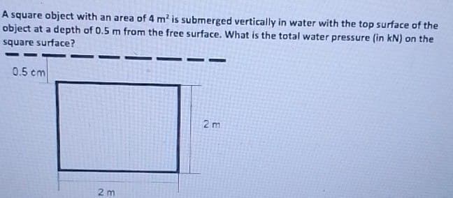 A square object with an area of 4 m² is submerged vertically in water with the top surface of the
object at a depth of 0.5 m from the free surface. What is the total water pressure (in kN) on the
square surface?
0.5 cm
2m
2m