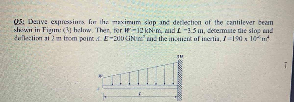 05: Derive expressions for the maximum slop and deflection of the cantilever beam
shown in Figure (3) below. Then, for W=12 kN/m, and L =3.5 m, determine the slop and
deflection at 2 m from point A. E=200 GN/m2 and the moment of inertia, I 190 x 10“m.
3W
I.
W
L.
