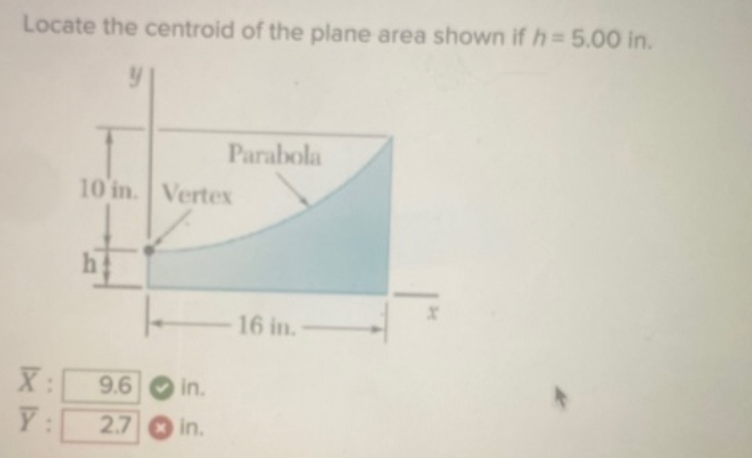 Locate the centroid of the plane area shown if h= 5.00 in.
y
AT
Parabola
10 in. Vertex
X: 9.6 in.
Y: 2.7 in.
16 in.