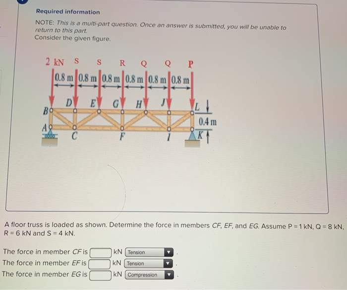 Required information.
NOTE: This is a multi-part question. Once an answer is submitted, you will be unable to
return to this part.
Consider the given figure.
2 kN S S R Q Q P
0.8 m 0.8 m 0.8 m 0.8 0.8 m 0.8 m
DE G
H J
BO
A
C
The force in member CF is |
The force in member EF is |
The force in member EG is
L
A floor truss is loaded as shown. Determine the force in members CF, EF, and EG. Assume P = 1 kN, Q = 8 kN,
R = 6 kN and S = 4 kN.
KN Tension
KN Tension
KN Compression
0.4 m
KA