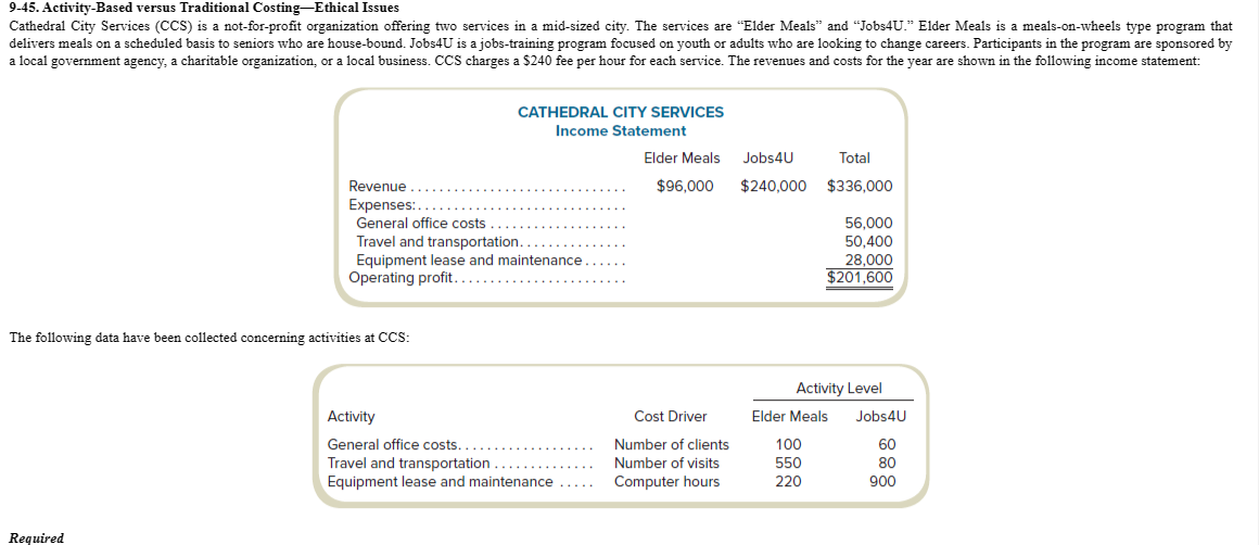 9-45. Activity-Based versus Traditional Costing-Ethical Issues
Cathedral City Services (CCS) is a not-for-profit organization offering two services in a mid-sized city. The services are "Elder Meals" and "Jobs4U." Elder Meals is a meals-on-wheels type program that
delivers meals on a scheduled basis to seniors who are house-bound. Jobs4U is a jobs-training program focused on youth or adults who are looking to change careers. Participants in the program are sponsored by
a local government agency, a charitable organization, or a local business. CCS charges a $240 fee per hour for each service. The revenues and costs for the year are shown in the following income statement:
Revenue.
Expenses:..
General office costs.
Required
The following data have been collected concerning activities at CCS:
CATHEDRAL CITY SERVICES
Income Statement
Travel and transportation.
Equipment lease and maintenance
Operating profit......
Activity
General office costs....
Travel and transportation
Equipment lease and maintenance ...
Elder Meals Jobs4U
$96,000
Total
$240,000 $336,000
Cost Driver
Number of clients
Number of visits
Computer hours
56,000
50,400
28,000
$201,600
Activity Level
Elder Meals Jobs4U
60
80
100
550
220
900