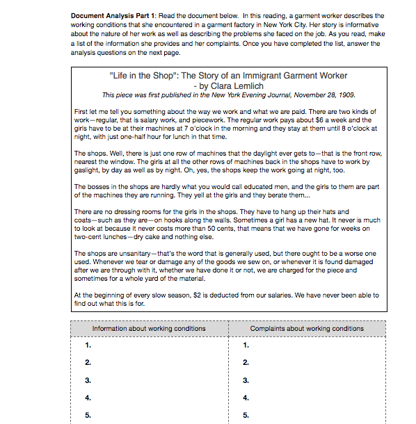 Document Analysis Part 1: Read the document below. In this reading, a garment worker describes the
working conditions that she encountered in a garment factory in New York City. Her story is informative
about the nature of her work as well as describing the problems she faced on the job. As you read, make
a list of the information she provides and her complaints. Once you have completed the list, answer the
analysis questions on the next page.
First let me tell you something about the way we work and what we are paid. There are two kinds of
work-regular, that is salary work, and piecework. The regular work pays about $6 a week and the
girls have to be at their machines at 7 o'clock in the morning and they stay at them until 8 o'clock at
night, with just one-half hour for lunch in that time.
The shops. Well, there is just one row of machines that the daylight ever gets to-that is the front row,
nearest the window. The girls at all the other rows of machines back in the shops have to work by
gaslight, by day as well as by night.Oh, yes, the shops keep the work going at night, too.
The bosses in the shops are hardly what you would call educated men, and the girls to them are part
of the machines they are running. They yell at the girls and they berate them...
"Life in the Shop": The Story of an Immigrant Garment Worker
- by Clara Lemlich
This piece was first published in the New York Evening Journal, November 28, 1909.
There are no dressing rooms for the girls in the shops. They have to hang up their hats and
coats-such as they are-on hooks along the walls. Sometimes a girl has a new hat. It never is much
to look at because it never costs more than 50 cents, that means that we have gone for weeks on
two-cent lunches-dry cake and nothing else.
The shops are unsanitary-that's the word that is generally used, but there ought to be a worse one
used. Whenever we tear or damage any of the goods we sew on, or whenever it is found damaged
after we are through with it, whether we have done it or not, we are charged for the piece and
sometimes for a whole yard of the material.
At the beginning of every slow season, $2 is deducted from our salaries. We have never been able to
find out what this is for.
1.
2.
3.
4.
5.
Information about working conditions
1.
2.
3.
4.
5.
Complaints about working conditions