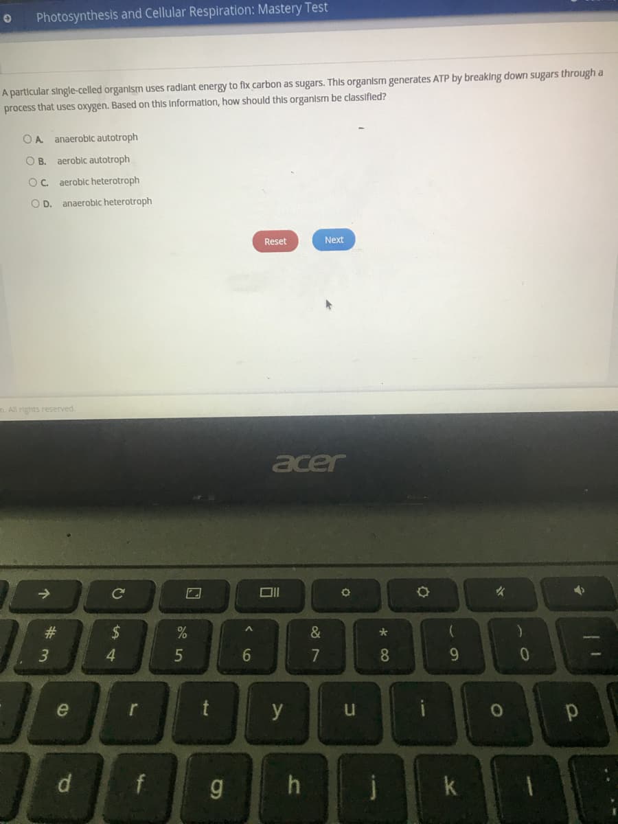 Photosynthesis and Cellular Respiration: Mastery Test
A particular single-celled organlsm uses radlant energy to fix carbon as sugars. This organism generates ATP by breaklng down sugars through a
process that uses oxygen. Based on this Information, how should this organism be classifled?
OA anaeroblc autotroph
O B. aerobic autotroph
Oc aeroblc heterotroph
O D. anaeroblc heterotroph
Reset
Next
m. All rights reserved.
acer
->
女
#3
&
3
4.
5
7
8.
9.
e
r
y
d
f
g.
k
口
