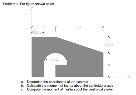 Problem II. For figure shown below,
-20
+0.5a
2a/3
=0.5a
a. Determine the coordinates of the centroid
b. Calculate the moment of inertia about the centroidal x-axis
c. Compute the moment of inertia about the centroidal y-axis
