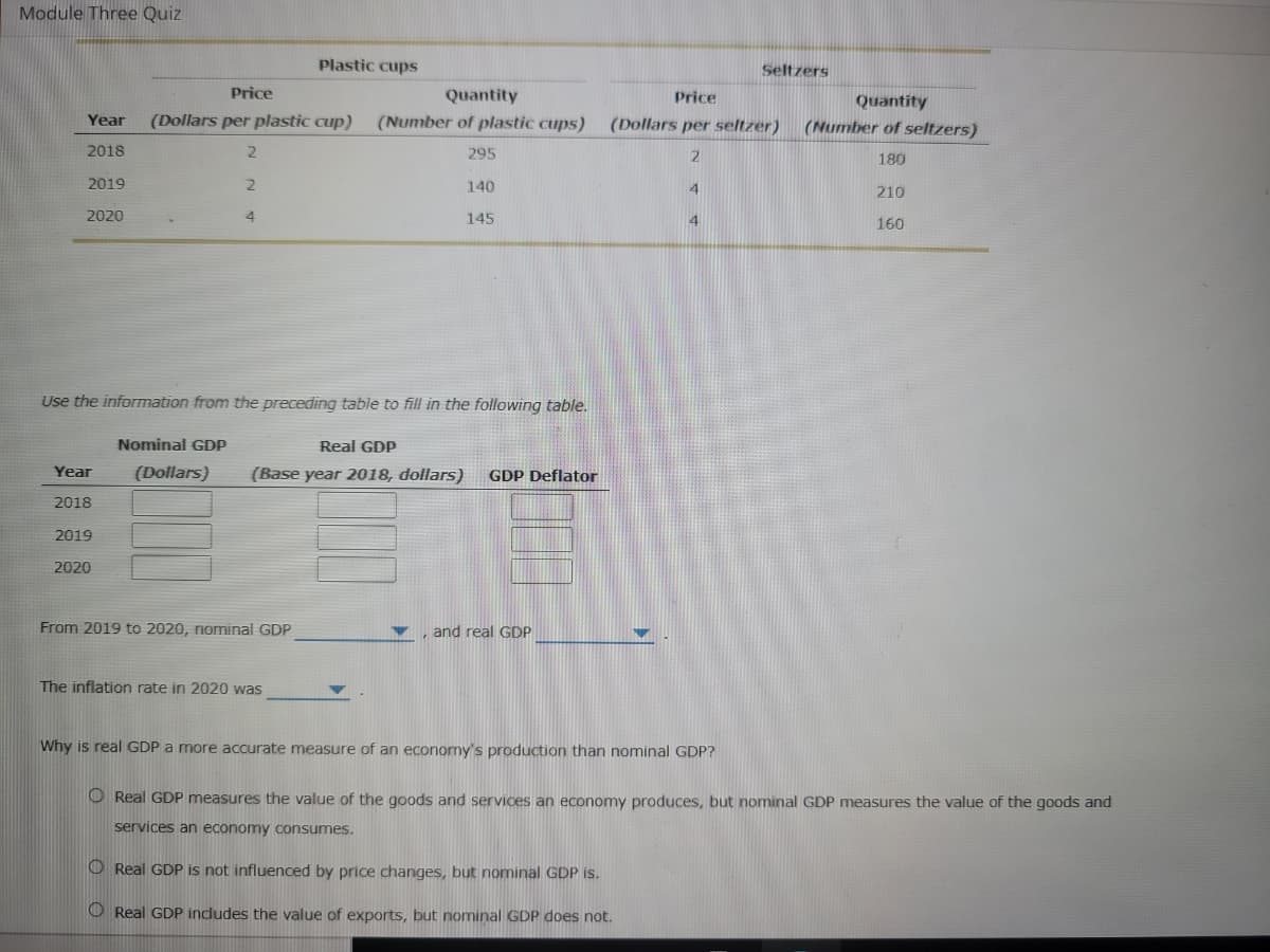 Module Three Quiz
Price
Quantity
Year (Dollars per plastic cup) (Number of plastic cups)
2018
2019
2020
Year
2018
2019
2020
2
Nominal GDP
(Dollars)
2
4
Plastic cups
Use the information from the preceding table to fill in the following table.
From 2019 to 2020, nominal GDP
The inflation rate in 2020 was
295
140
Real GDP
(Base year 2018, dollars) GDP Deflator
F
145
and real GDP
Price
(Dollars per seltzer)
2
4
Seltzers
Why is real GDP a more accurate measure of an economy's production than nominal GDP?
Quantity
(Number of seltzers)
180
210
160
Real GDP measures the value of the goods and services an economy produces, but nominal GDP measures the value of the goods and
services an economy consumes.
Real GDP is not influenced by price changes, but nominal GDP is.
Real GDP includes the value of exports, but nominal GDP does not.