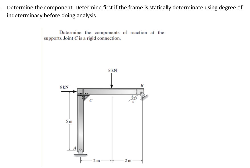 . Determine the component. Determine first if the frame is statically determinate using degree of
indeterminacy before doing analysis.
Determine the components of reaction at the
supports. Joint C' is a rigid connection.
6 kN
5m
6
2 m
8 kN
-2m
B