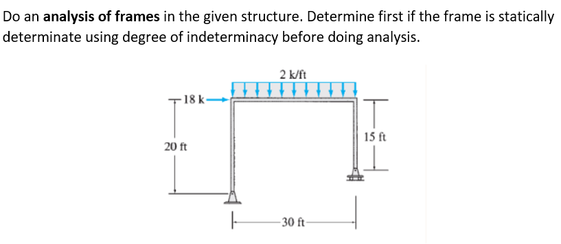 Do an analysis of frames in the given structure. Determine first if the frame is statically
determinate using degree of indeterminacy before doing analysis.
18 k
20 ft
2 k/ft
-30 ft-
IT
15 ft