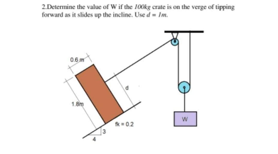 2.Determine the value of W if the 100kg crate is on the verge of tipping
forward as it slides up the incline. Use d = Im.
0.6 m
1.8m
fk = 0.2
