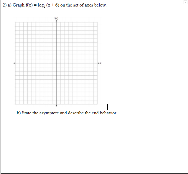 2) a) Graph f(x) = log, (x+ 6) on the set of axes below.
f(x)
b) State the asymptote and describe the end behavior.
