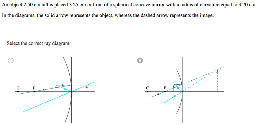 An object 2.50 cm tall is placed 3.25 cm in front of a spherical concave mirror with a radius of curvature equal to 9.70 cm.
In the diagrams, the solid arrow represents the object, whereas the dashed arrow represents the image.
Select the correct ray diagram.
C F
C
F
