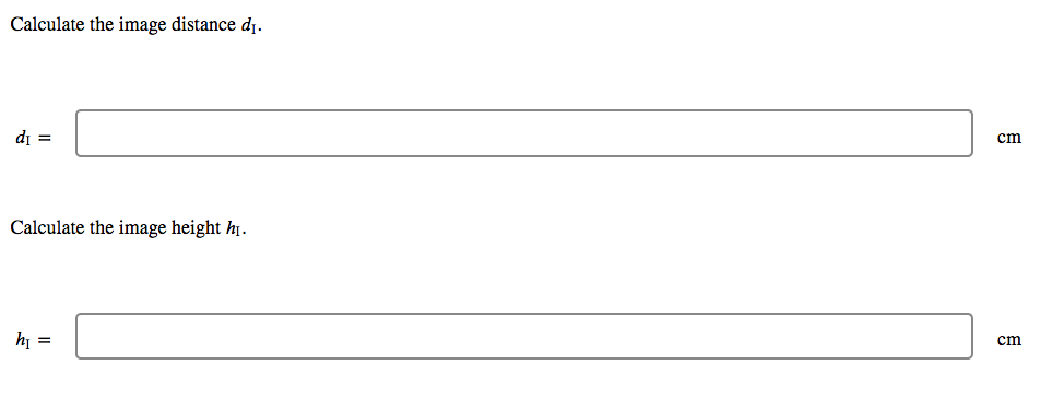 Calculate the image distance d1.
di =
cm
Calculate the image height h1.
hị
cm
