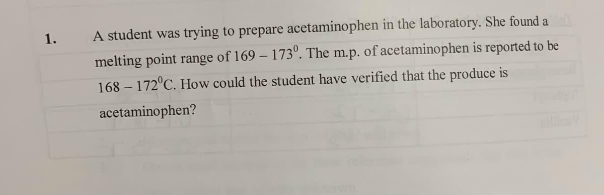 1.
A student was trying to prepare acetaminophen in the laboratory. She found a
melting point range of 169 – 173º. The m.p. of acetaminophen is reported to be
168 – 172°C. How could the student have verified that the produce is
acetaminophen?
llinV
