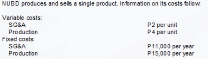 NUBD produces and sells a single product. Information on its costs follow.
Variable costs:
SG&A
P2 per unit
P4 per unit
Production
Fixed costs:
P11,000 per year
P15,000 per year
SG&A
Production
