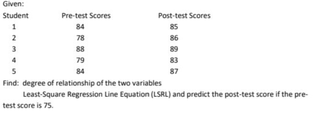 Given:
Student
Pre-test Scores
Post-test Scores
1
84
85
2
78
86
ITT
3
88
89
4
79
83
5
84
87
Find: degree of relationship of the two variables
Least-Square Regression Line Equation (LSRL) and predict the post-test score if the pre-
test score is 75.