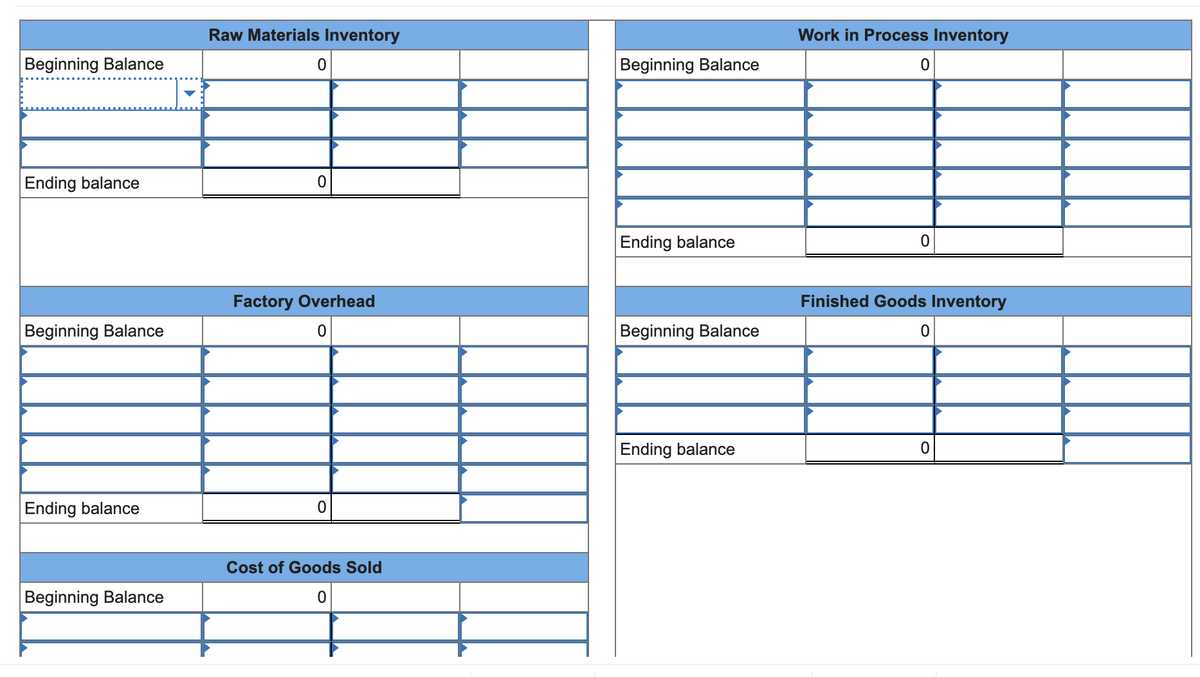 Beginning Balance
Ending balance
Beginning Balance
Ending balance
Beginning Balance
Raw Materials Inventory
0
0
Factory Overhead
0
0
Cost of Goods Sold
0
Beginning Balance
Ending balance
Beginning Balance
Ending balance
Work in Process Inventory
0
0
Finished Goods Inventory
0
0