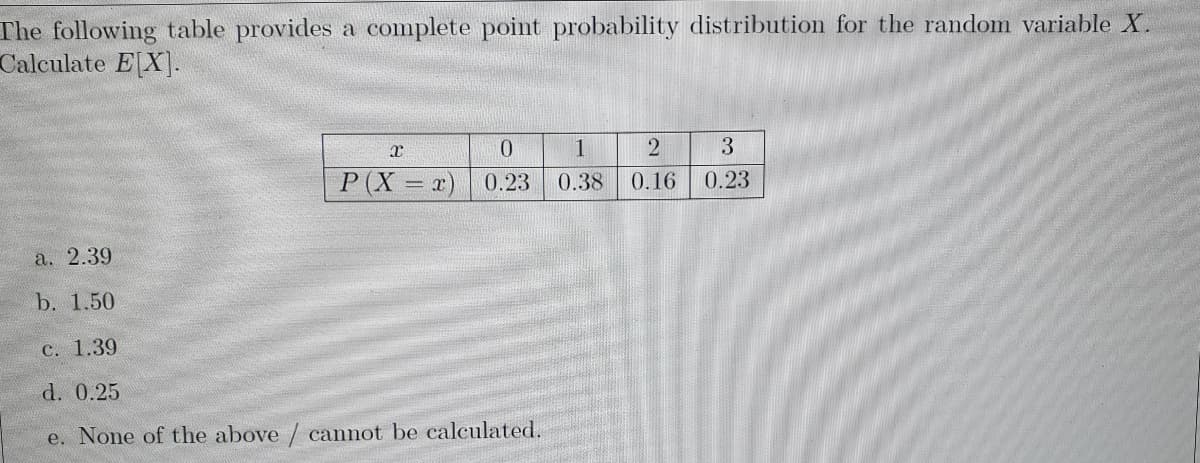 The following table provides a complete point probability distribution for the random variable X.
Calculate E[X].-
1
3
P(X = x)
0.23
0.38
0.16
0.23
a. 2.39
b. 1.50
C. 1.39
d. 0.25
e. None of the above / cannot be calculated.
