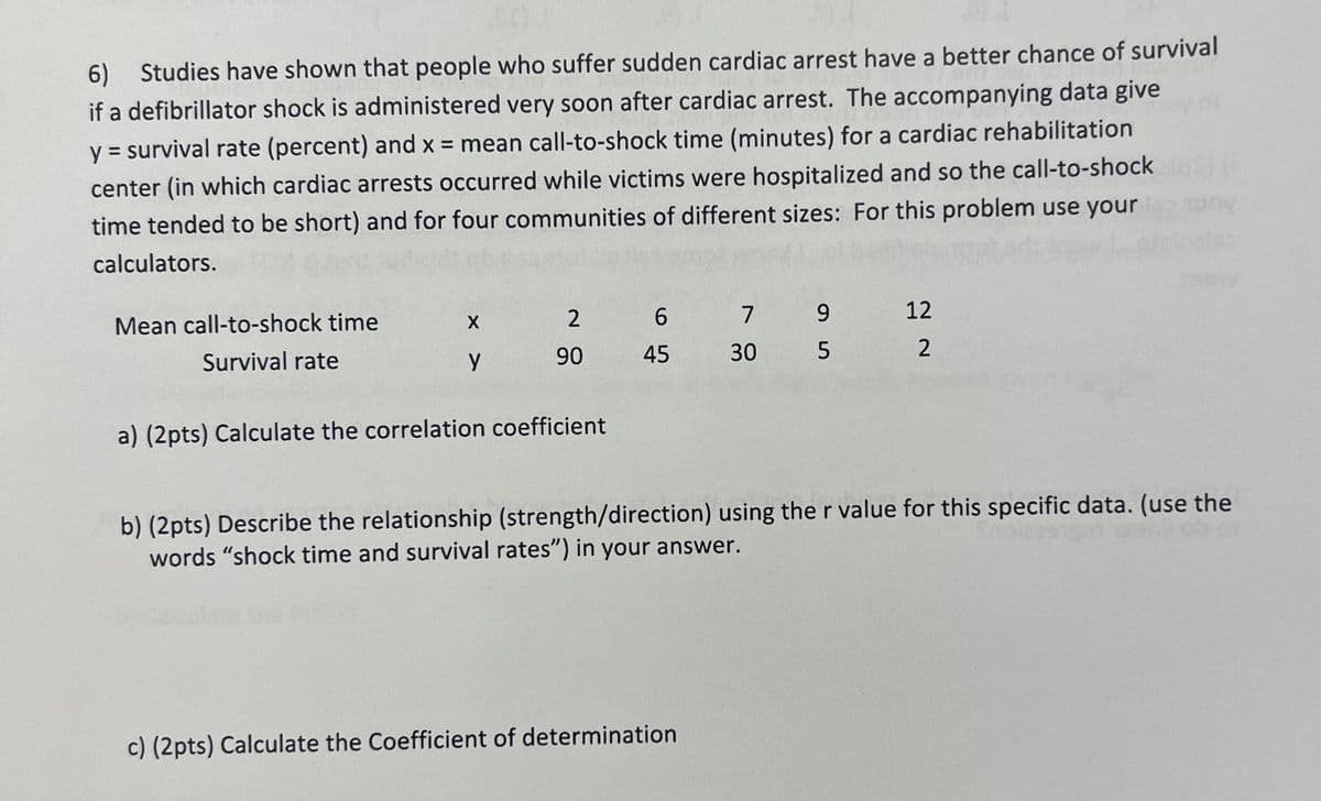 6) Studies have shown that people who suffer sudden cardiac arrest have a better chance of survival
if a defibrillator shock is administered very soon after cardiac arrest. The accompanying data give
y = survival rate (percent) and x = mean call-to-shock time (minutes) for a cardiac rehabilitation
center (in which cardiac arrests occurred while victims were hospitalized and so the call-to-shock
time tended to be short) and for four communities of different sizes: For this problem use your
calculators.
Mean call-to-shock time
X
2
6
7
Survival rate
y
90
45
30
a) (2pts) Calculate the correlation coefficient
95
12
2
b) (2pts) Describe the relationship (strength/direction) using the r value for this specific data. (use the
words "shock time and survival rates") in your answer.
c) (2pts) Calculate the Coefficient of determination