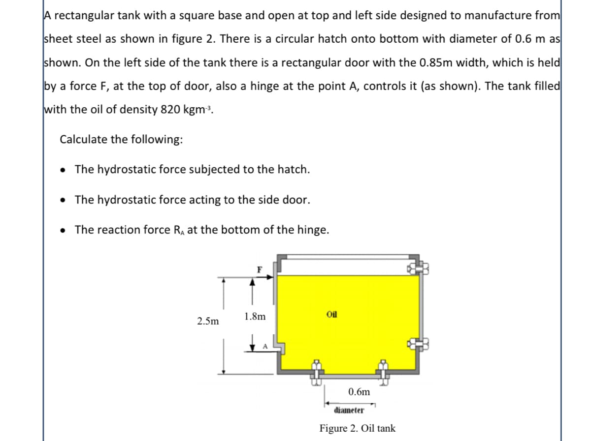 A rectangular tank with a square base and open at top and left side designed to manufacture from
sheet steel as shown in figure 2. There is a circular hatch onto bottom with diameter of 0.6 m as
shown. On the left side of the tank there is a rectangular door with the 0.85m width, which is held
by a force F, at the top of door, also a hinge at the point A, controls it (as shown). The tank filled
with the oil of density 820 kgm³.
Calculate the following:
• The hydrostatic force subjected to the hatch.
• The hydrostatic force acting to the side door.
• The reaction force Ra at the bottom of the hinge.
F
1.8m
Oil
2.5m
0.6m
diameter
Figure 2. Oil tank
