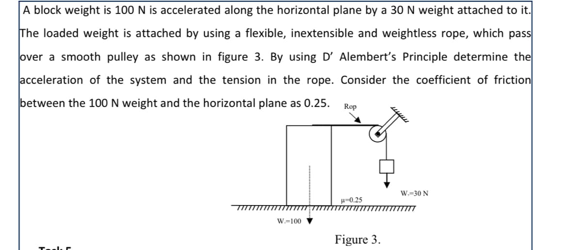 A block weight is 100 N is accelerated along the horizontal plane by a 30 N weight attached to it.
The loaded weight is attached by using a flexible, inextensible and weightless rope, which pass
over a smooth pulley as shown in figure 3. By using D' Alembert's Principle determine the
acceleration of the system and the tension in the rope. Consider the coefficient of friction
between the 100 N weight and the horizontal plane as 0.25.
Rop
W,=30 N
u=0.25
W=100
Figure 3.
Teelkr
