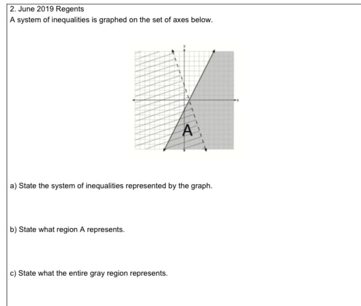 2. June 2019 Regents
A system of inequalities is graphed on the set of axes below.
a) State the system of inequalities represented by the graph.
b) State what region A represents.
c) State what the entire gray region represents.
