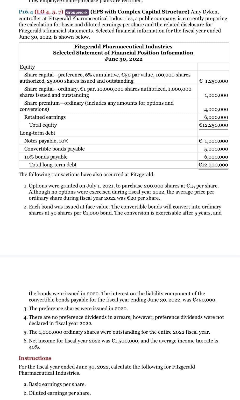 now employee share-purchase plans are rec
P16.4 (LO 4, 5, 7) Groupwork (EPS with Complex Capital Structure) Amy Dyken,
controller at Fitzgerald Pharmaceutical Industries, a public company, is currently preparing
the calculation for basic and diluted earnings per share and the related disclosure for
Fitzgerald's financial statements. Selected financial information for the fiscal year ended
June 30, 2022, is shown below.
Fitzgerald Pharmaceutical Industries
Selected Statement of Financial Position Information
June 30, 2022
Equity
Share capital-preference, 6% cumulative, €50 par value, 100,000 shares
authorized, 25,000 shares issued and outstanding
Share capital-ordinary, €1 par, 10,000,000 shares authorized, 1,000,000
shares issued and outstanding
Share premium-ordinary (includes any amounts for options and
conversions)
Retained earnings
Total equity
Long-term debt
Notes payable, 10%
Convertible bonds payable
10% bonds payable
€ 1,250,000
1,000,000
4,000,000
6,000,000
€12,250,000
Total long-term debt
The following transactions have also occurred at Fitzgerald.
1. Options were granted on July 1, 2021, to purchase 200,000 shares at €15 per share.
Although no options were exercised during fiscal year 2022, the average price per
ordinary share during fiscal year 2022 was €20 per share.
€ 1,000,000
5,000,000
6,000,000
€12,000,000
2. Each bond was issued at face value. The convertible bonds will convert into ordinary
shares at 50 shares per €1,000 bond. The conversion is exercisable after 5 years, and
Instructions
For the fiscal year ended June 30, 2022, calculate the following for Fitzgerald
Pharmaceutical Industries.
the bonds were issued in 2020. The interest on the liability component of the
convertible bonds payable for the fiscal year ending June 30, 2022, was €450,000.
3. The preference shares were issued in 2020.
a. Basic earnings per share.
b. Diluted earnings per share.
4. There are no preference dividends in arrears; however, preference dividends were not
declared in fiscal year 2022.
5. The 1,000,000 ordinary shares were outstanding for the entire 2022 fiscal year.
6. Net income for fiscal year 2022 was €1,500,000, and the average income tax rate is
40%.