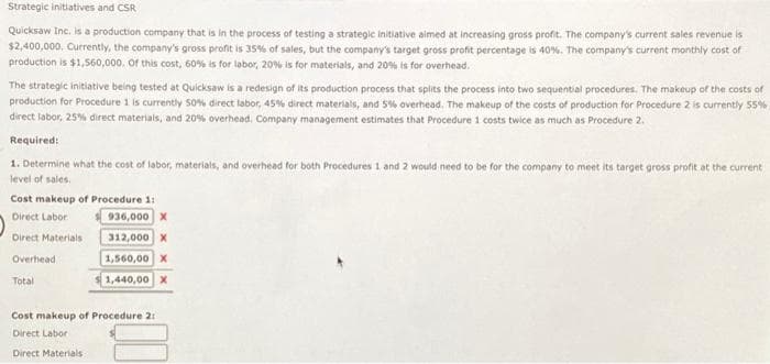 Strategic initiatives and CSR
Quicksaw Inc. is a production company that is in the process of testing a strategic initiative aimed at increasing gross profit. The company's current sales revenue is
$2,400,000. Currently, the company's gross profit is 35% of sales, but the company's target gross profit percentage is 40%. The company's current monthly cost of
production is $1,560,000. Of this cost, 60% is for labor, 20% is for materials, and 20% is for overhead.
The strategic initiative being tested at Quicksaw is a redesign of its production process that splits the process into two sequential procedures. The makeup of the costs of
production for Procedure 1 is currently 50% direct labor, 45% direct materials, and 5% overhead. The makeup of the costs of production for Procedure 2 is currently 55%
direct labor, 25% direct materials, and 20% overhead. Company management estimates that Procedure 1 costs twice as much as Procedure 2.
Required:
1. Determine what the cost of labor, materials, and overhead for both Procedures 1 and 2 would need to be for the company to meet its target gross profit at the current
level of sales.
Cost makeup of Procedure 1:
Direct Labor
936,000 X
Direct Materials
Overhead
Total
312,000 X
1,560,00 X
1,440,00 X
Cost makeup of Procedure 2:
Direct Labor
Direct Materials