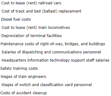 Cost to lease (rent) railroad cars
Cost of track and bed (ballast) replacement
Diesel fuel costs
Cost to lease (rent) train locomotives
Depreciation of terminal facilities
Maintenance costs of right-of-way, bridges, and buildings
Salaries of dispatching and communications personnel
Headquarters information technology support staff salaries
Safety training costs
Wages of train engineers
Wages of switch and classification yard personnel
Costs of accident cleanup
