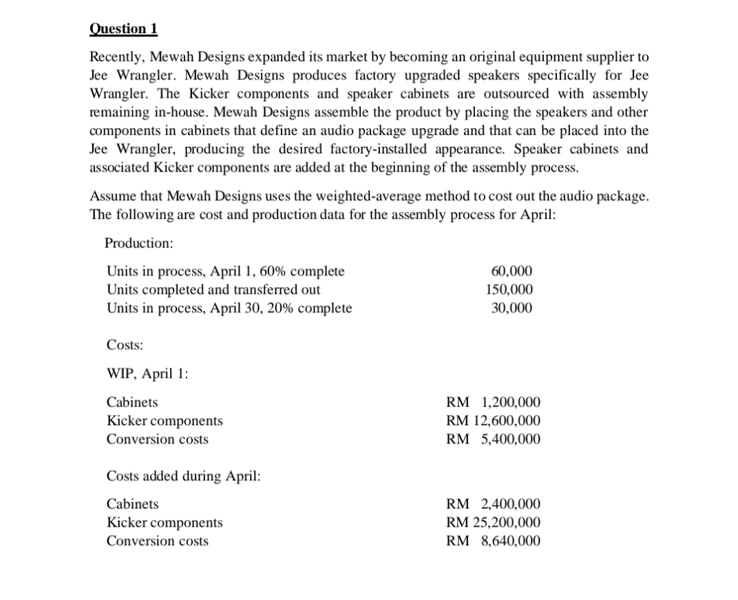 Question 1
Recently, Mewah Designs expanded its market by becoming an original equipment supplier to
Jee Wrangler. Mewah Designs produces factory upgraded speakers specifically for Jee
Wrangler. The Kicker components and speaker cabinets are outsourced with assembly
remaining in-house. Mewah Designs assemble the product by placing the speakers and other
components in cabinets that define an audio package upgrade and that can be placed into the
Jee Wrangler, producing the desired factory-installed appearance. Speaker cabinets and
associated Kicker components are added at the beginning of the assembly process.
Assume that Mewah Designs uses the weighted-average method to cost out the audio package.
The following are cost and production data for the assembly process for April:
Production:
Units in process, April 1, 60% complete
Units completed and transferred out
Units in process, April 30, 20% complete
60,000
150,000
30,000
Costs:
WIP, April 1:
Cabinets
RM 1,200,000
Kicker components
RM 12,600,000
Conversion costs
RM 5,400,000
Costs added during April:
Cabinets
RM 2,400,000
Kicker components
RM 25,200,000
Conversion costs
RM 8,640,000
