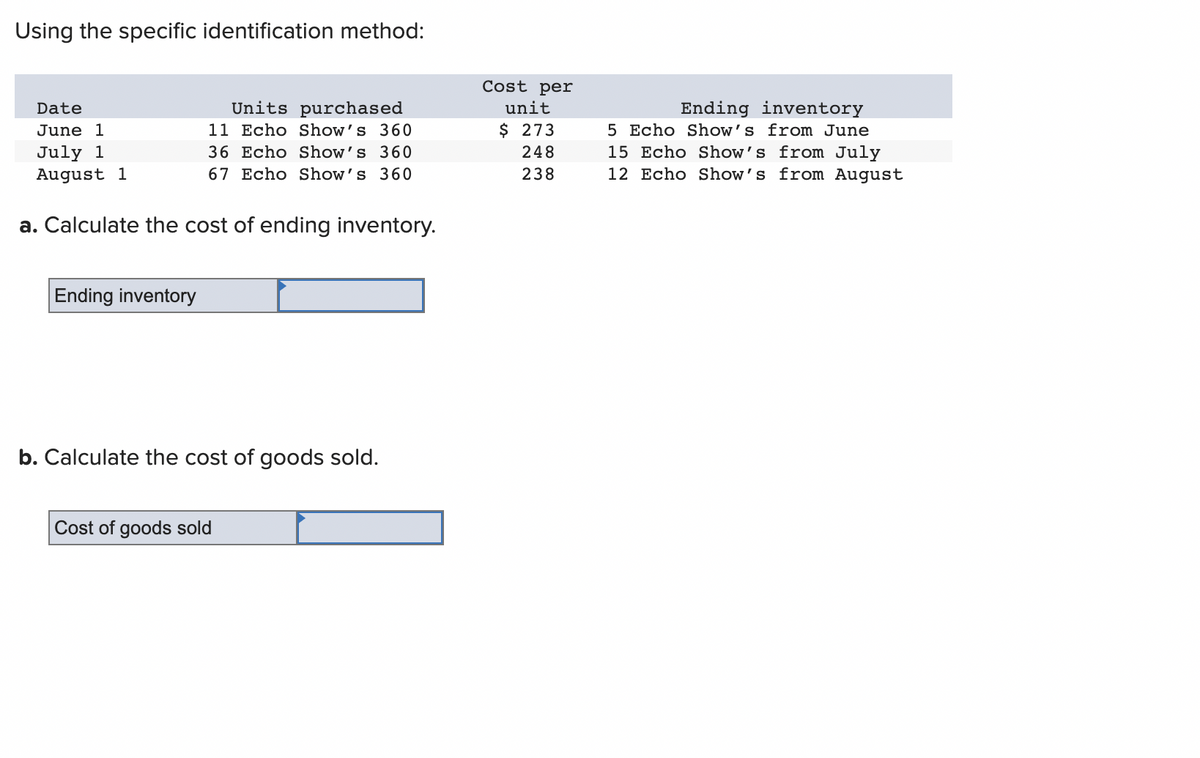 Using the specific identification method:
Date
June 1
July 1
August 1
Units purchased
11 Echo Show's 360
36 Echo Show's 360
67 Echo Show's 360
a. Calculate the cost of ending inventory.
Ending inventory
b. Calculate the cost of goods sold.
Cost of goods sold
Cost per
unit
$ 273
248
238
Ending inventory
5 Echo Show's from June
15 Echo Show's from July
12 Echo Show's from August