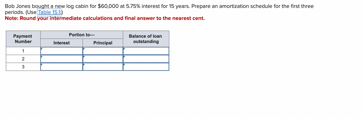 Bob Jones bought a new log cabin for $60,000 at 5.75% interest for 15 years. Prepare an amortization schedule for the first three
periods. (Use Table 15.1)
Note: Round your intermediate calculations and final answer to the nearest cent.
Payment
Number
1
2
3
Portion to-
Interest
Principal
Balance of loan
outstanding