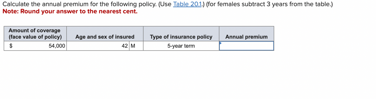 Calculate the annual premium for the following policy. (Use Table 20.1.) (for females subtract 3 years from the table.)
Note: Round your answer to the nearest cent.
Amount of coverage
(face value of policy)
54,000
Age and sex of insured
42 M
Type of insurance policy
5-year term
Annual premium