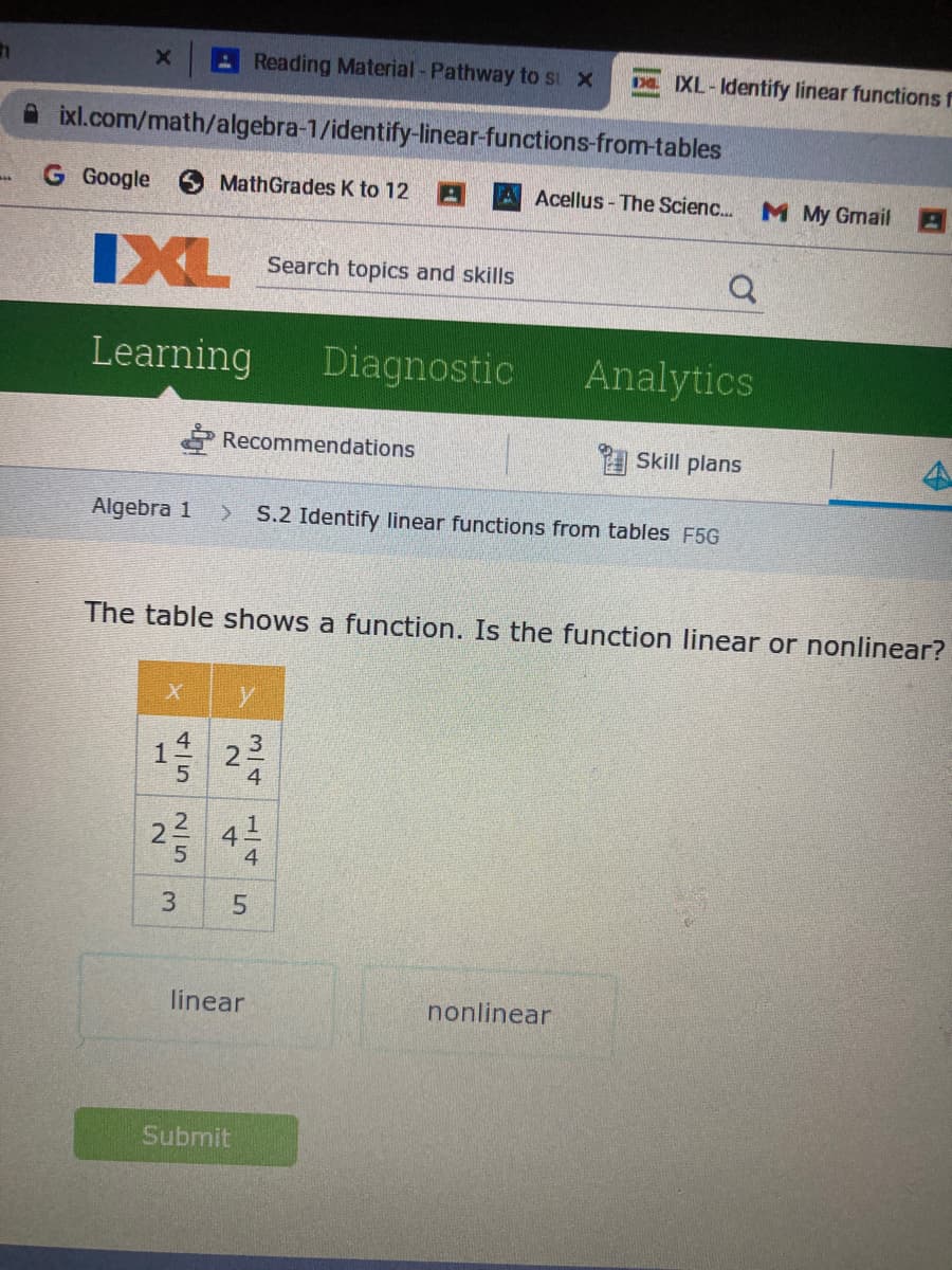 Reading Material - Pathway to su X
De IXL-Identify linear functions f
A ixl.com/math/algebra-1/identify-linear-functions-from-tables
G Google
6 MathGrades K to 12
Acellus - The Scienc..
M My Gmail
IXL
Search topics and skills
Learning
Diagnostic
Analytics
Recommendations
Skill plans
Algebra 1
S.2 Identify linear functions from tables F5G
The table shows a function. Is the function linear or nonlinear?
4
2 4
4
3
linear
nonlinear
Submit
