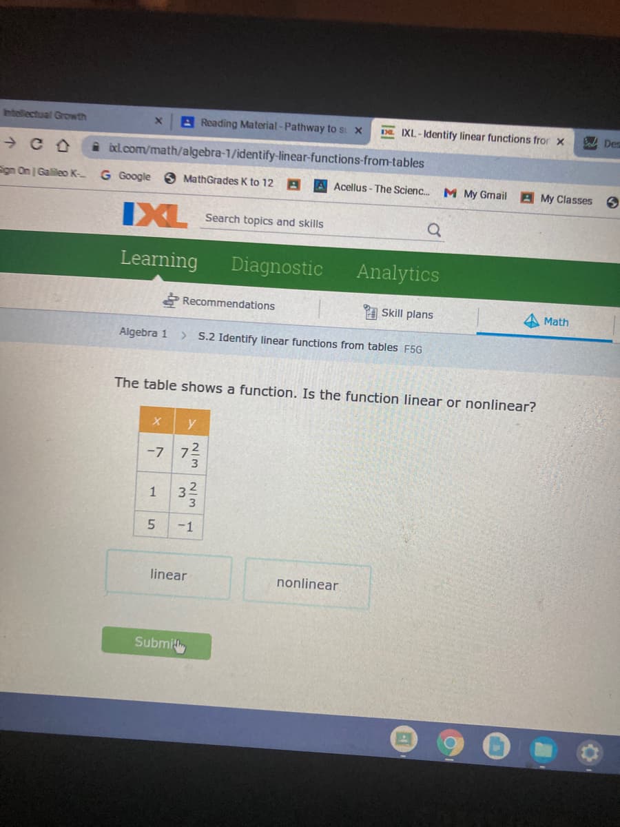 Intellectual Growth
A Reading Material -Pathway to s x
DE IXL- Identify linear functions fror x
BaDes
i bxl.com/math/algebra-1/identify-linear-functions-from-tables
Sign On Galileo K-
G Google
6 MathGrades K to 12
A Acellus- The Scienc.
M My Gmail A My Classes
IXL
Search topics and skills
Learning
Diagnostic
Analytics
Recommendations
Skill plans
Math
Algebra 1
S.2 Identify linear functions from tables F5G
>
The table shows a function. Is the function linear or nonlinear?
y
-7 72
3
1
-1
linear
nonlinear
Submit
