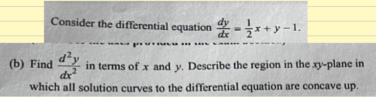 Consider the differential equation = x + y − 1.
-
LA ALE LU V
(b) Find
d²y
in terms of x and y. Describe the region in the xy-plane in
dx²
which all solution curves to the differential equation are concave up.