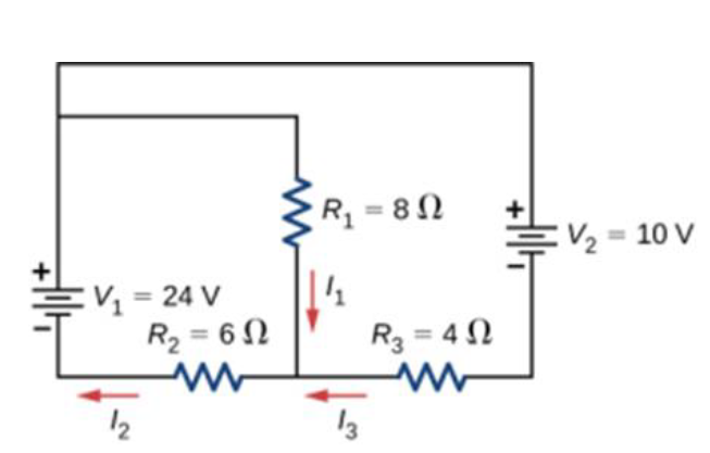 R = 8N
V2 10 V
:V = 24 V
R2 = 6N
R3 = 42
%3D
