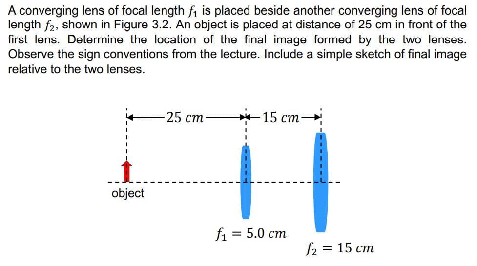 A converging lens of focal length f₁ is placed beside another converging lens of focal
length f2, shown in Figure 3.2. An object is placed at distance of 25 cm in front of the
first lens. Determine the location of the final image formed by the two lenses.
Observe the sign conventions from the lecture. Include a simple sketch of final image
relative to the two lenses.
·25 cm.
·15 cm-
I
object
f₁ = 5.0 cm
f2 = 15 cm