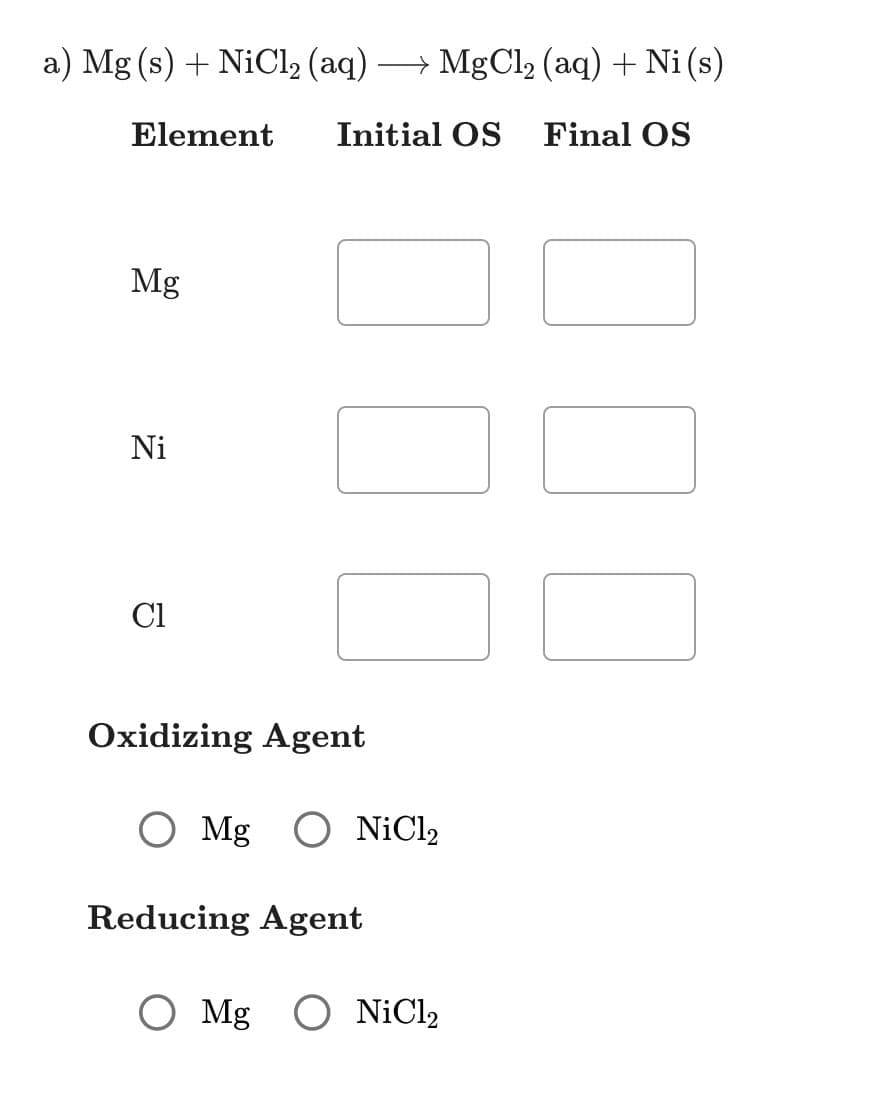 a) Mg(s) + NiCl₂ (aq) +MgCl,(aq) +Ni(s)
Element
Initial OS Final OS
Mg
Ni
Cl
0
Oxidizing Agent
O Mg O NiCl₂
Reducing Agent
O Mg O NiCl₂