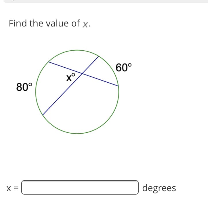 Find the value of x.
60°
80°
X =
degrees
